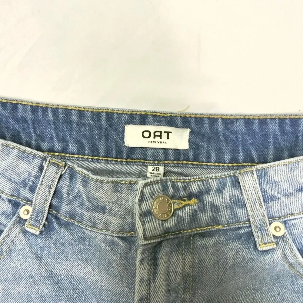 oat new york denim long line distressed high-rise bermuda shorts size 28”